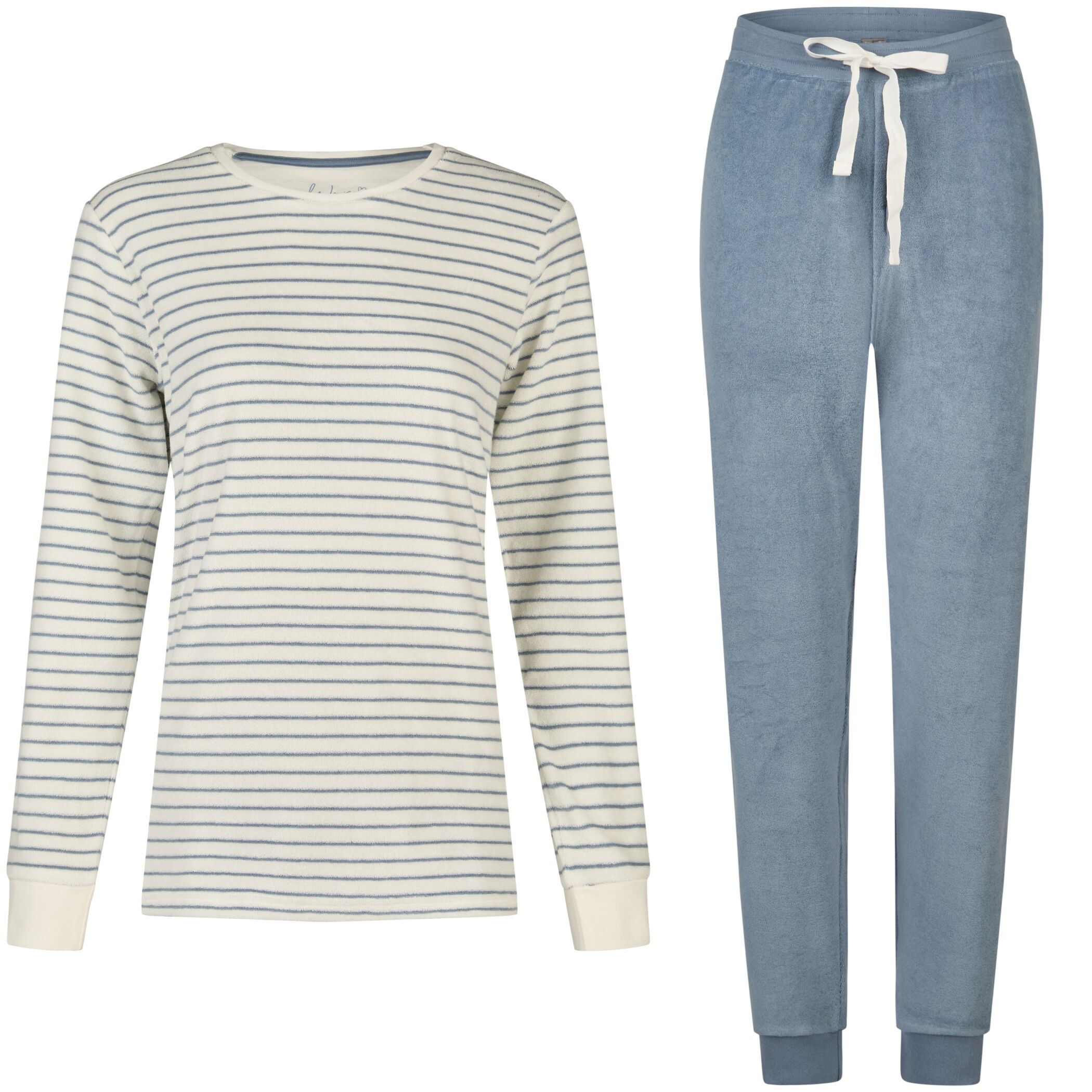 Damen Pyjama Frottee Lang Hell Streifen