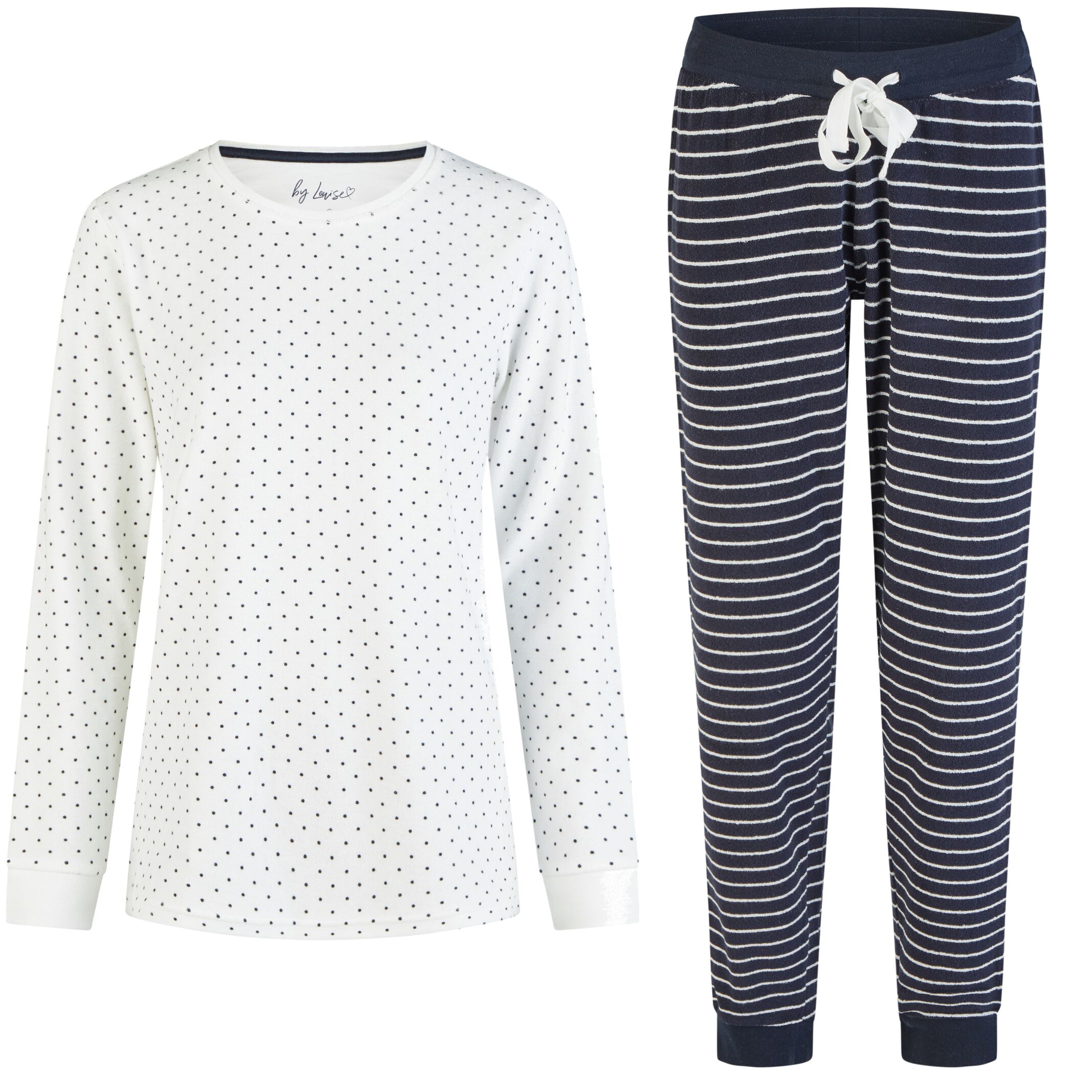 Damen Pyjama Frottee Lang Weiß gepunktet