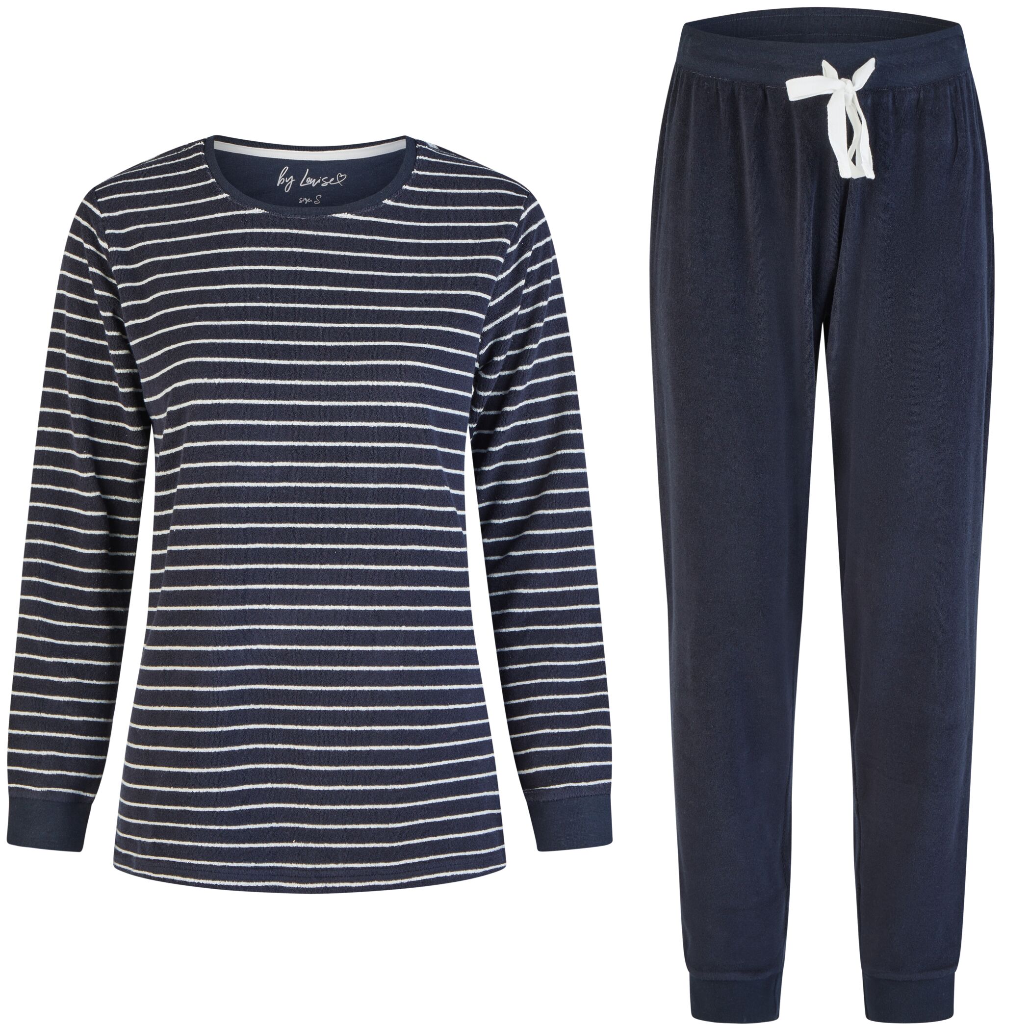 Damen Pyjama Frottee Lang Navy gestreift