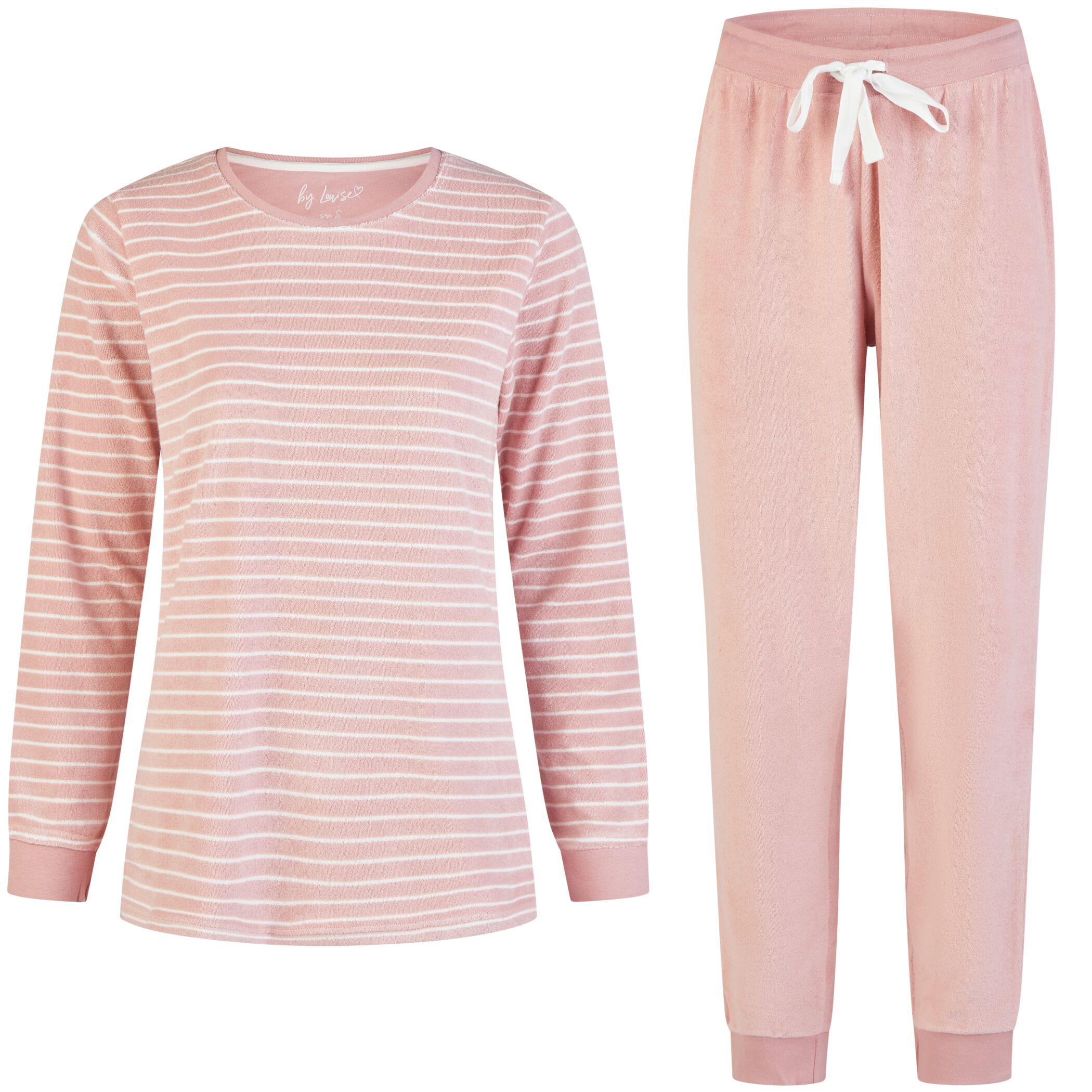 Damen Pyjama Frottee Lang Rosa gestreift