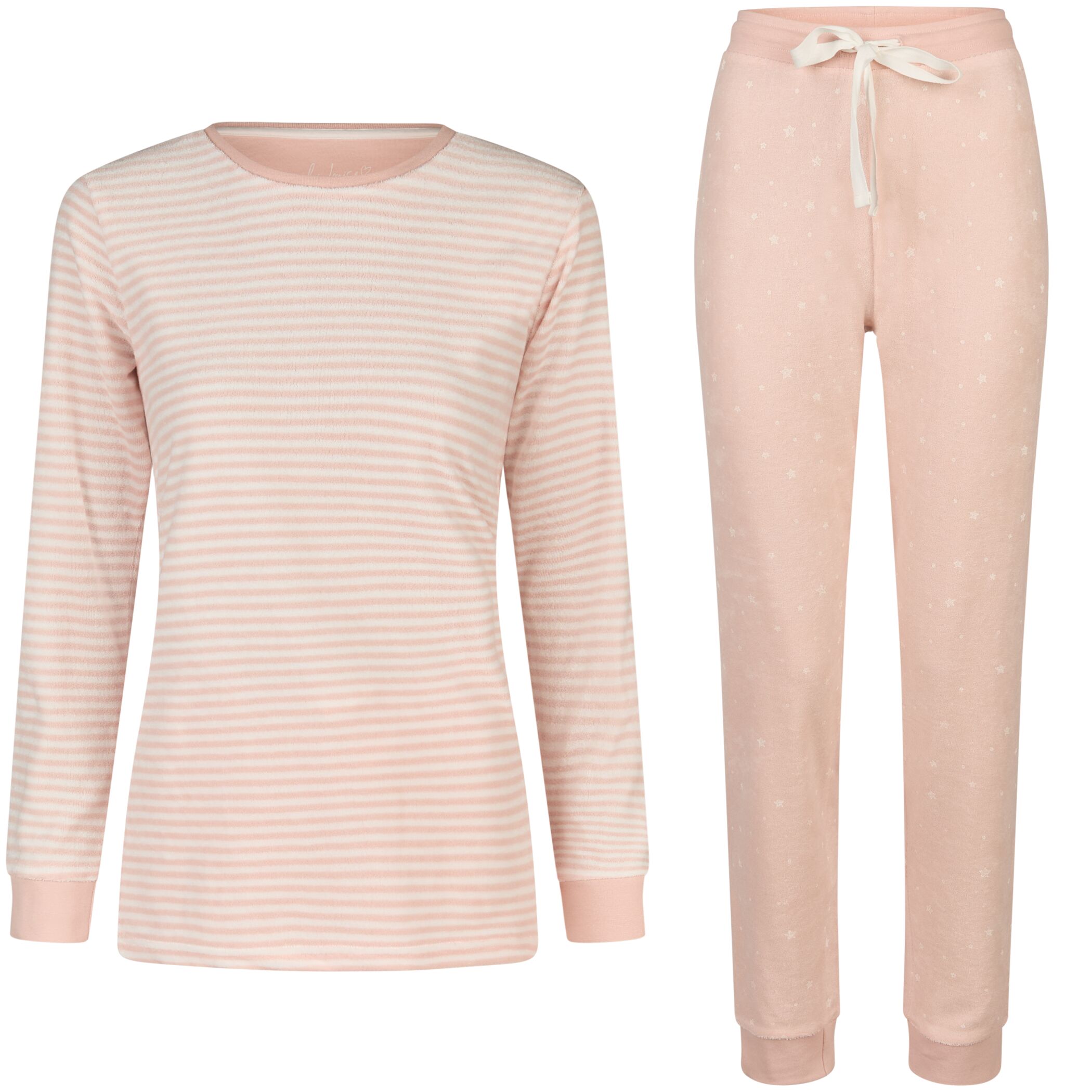Damen Pyjama Frottee Lang Rosa Streifen Sterne